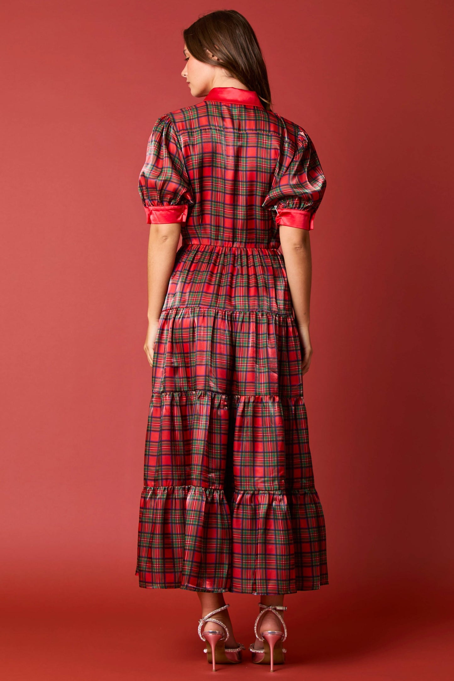 Christmas Plaid Print Silky Organza Midi Dress- PreOrder