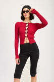 LONG SLEEVE RIBBED TOP WITH BOW DETAIL-2 COLORS