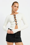 LONG SLEEVE RIBBED TOP WITH BOW DETAIL-2 COLORS