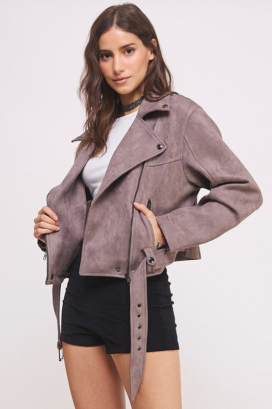 BELTED LONG SLEEVE ZIPPERED SUEDE MOTO JACKET-3 COLORS