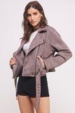 BELTED LONG SLEEVE ZIPPERED SUEDE MOTO JACKET-3 COLORS