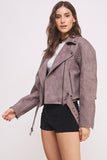 BELTED LONG SLEEVE ZIPPERED SUEDE MOTO JACKET-3 COLORS