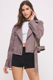 BELTED LONG SLEEVE ZIPPERED SUEDE MOTO JACKET-3 COLORS