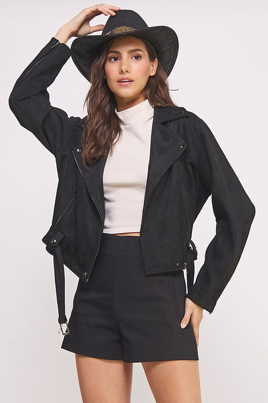 BELTED LONG SLEEVE ZIPPERED SUEDE MOTO JACKET-3 COLORS