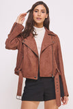 BELTED LONG SLEEVE ZIPPERED SUEDE MOTO JACKET-3 COLORS