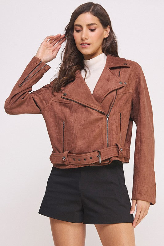 BELTED LONG SLEEVE ZIPPERED SUEDE MOTO JACKET-3 COLORS