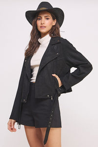 BELTED LONG SLEEVE ZIPPERED SUEDE MOTO JACKET-3 COLORS