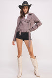 BELTED LONG SLEEVE ZIPPERED SUEDE MOTO JACKET-3 COLORS