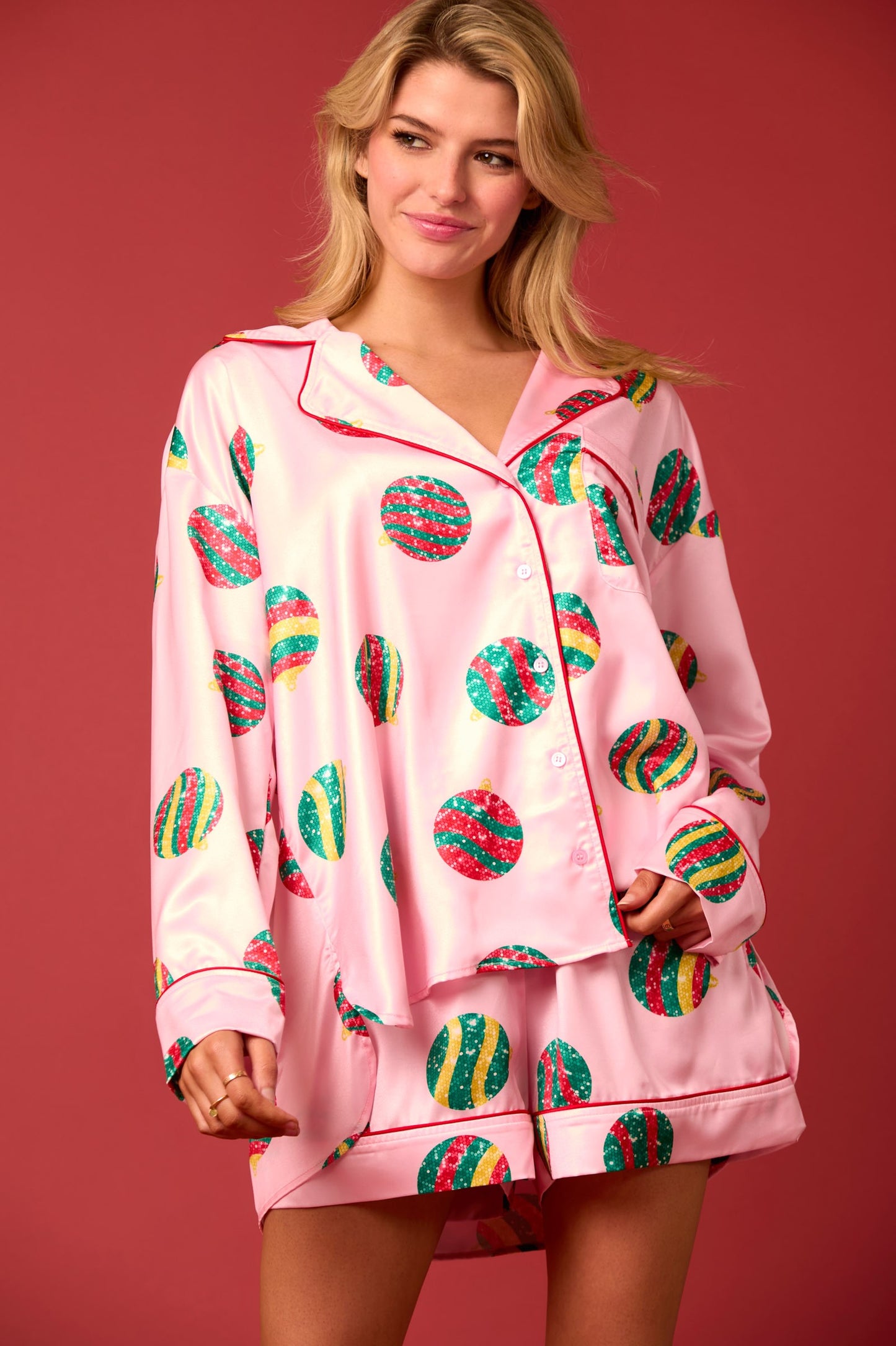 Pink Satin Christmas Ornaments Prints Pajama Set- PreOrder