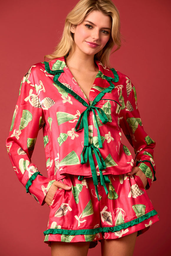 Satin Christmas Check Prints Pajama Set- PreOrder