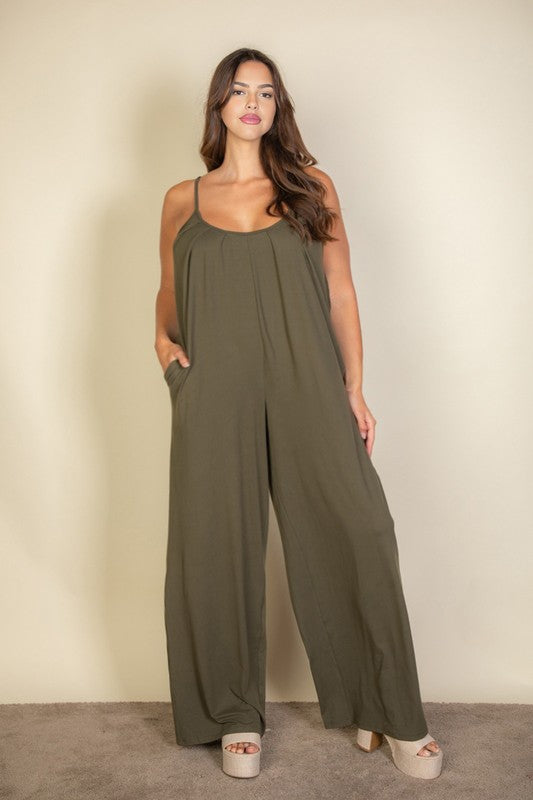 Plus Size Spaghetti Strap Solid Wide Jumpsuit-3 Colors