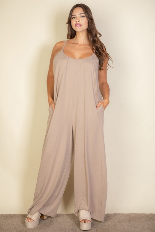 Plus Size Spaghetti Strap Solid Wide Jumpsuit-3 Colors
