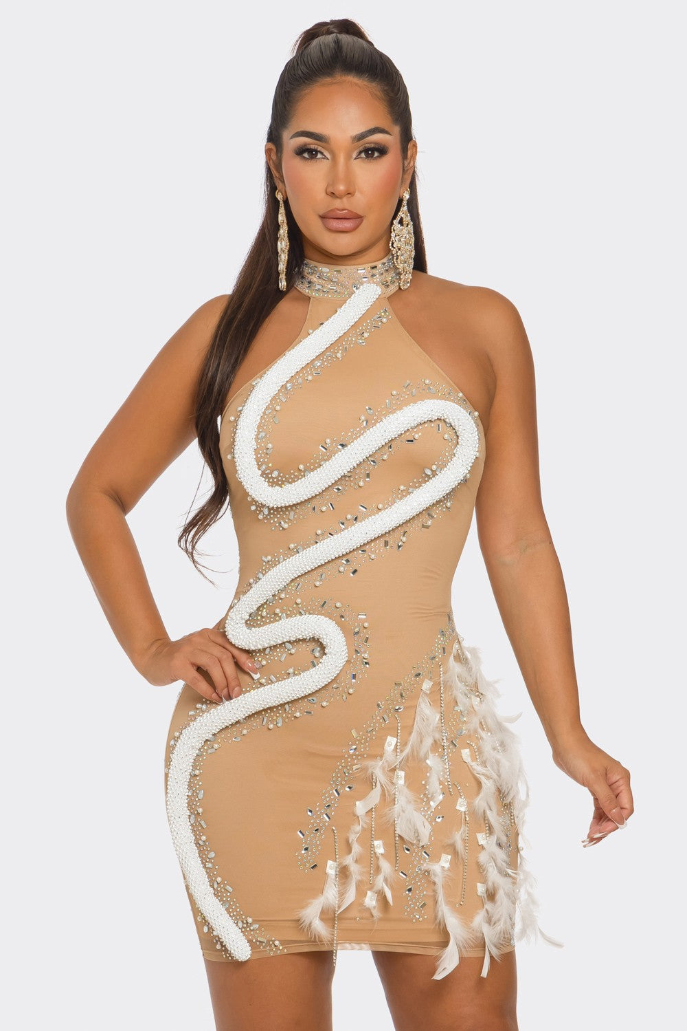 Rhinestone Halter Neck Bodycon Dress- Nude