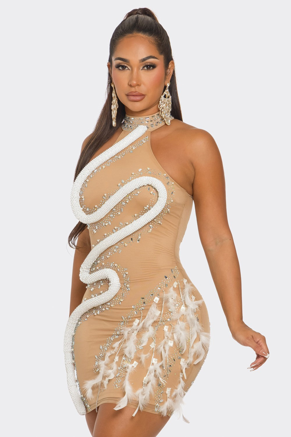 Rhinestone Halter Neck Bodycon Dress- Nude