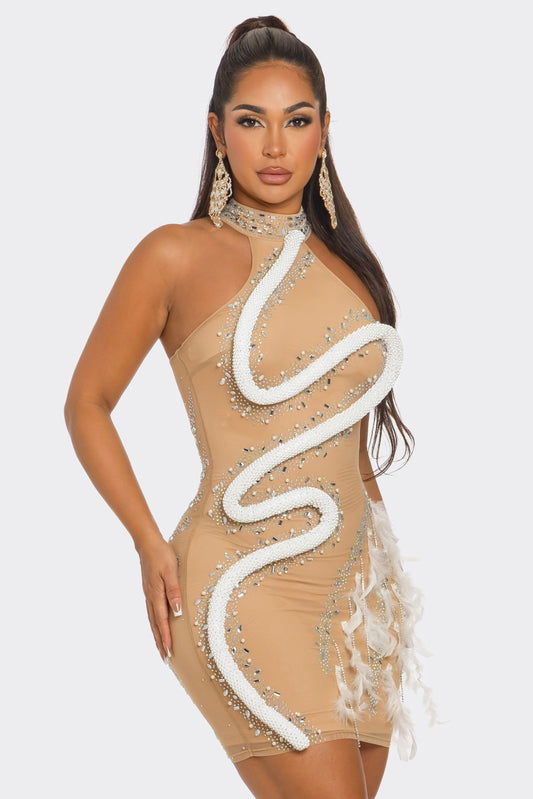 Rhinestone Halter Neck Bodycon Dress- Nude