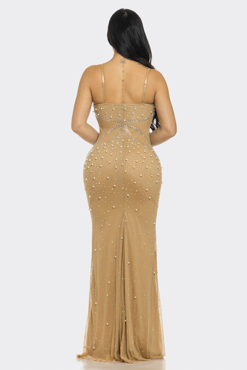 Rhinestone & Pearl Embellished Maxi Dress- Nude