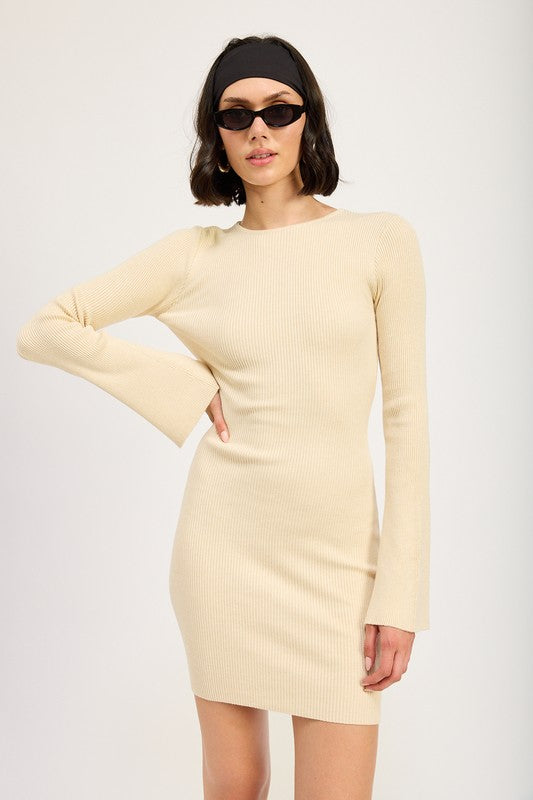 LONG SLEEVE MINI DRESS WITH BACK CUTOUT-2 COLORS