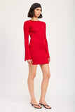 LONG SLEEVE MINI DRESS WITH BACK CUTOUT-2 COLORS