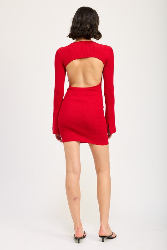 LONG SLEEVE MINI DRESS WITH BACK CUTOUT-2 COLORS