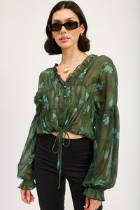 BUTTON FRONT RUFFLED GREEN BLOUSE