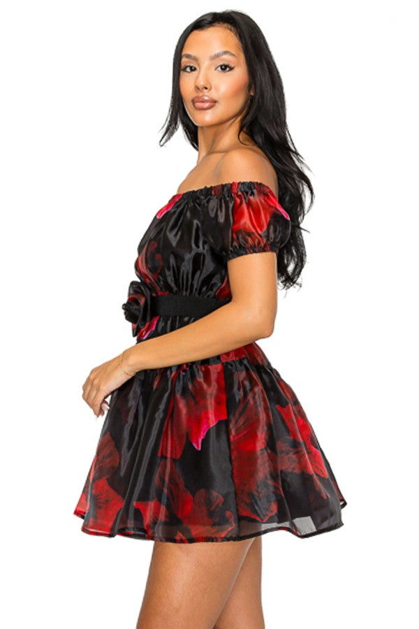Black & Red Floral Organza Off Shoulder Belted Dress