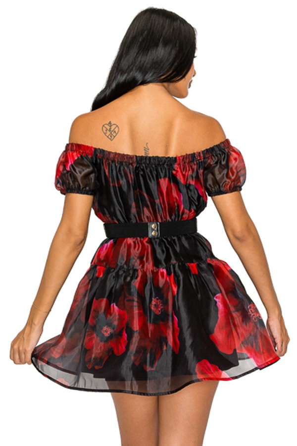Black & Red Floral Organza Off Shoulder Belted Dress