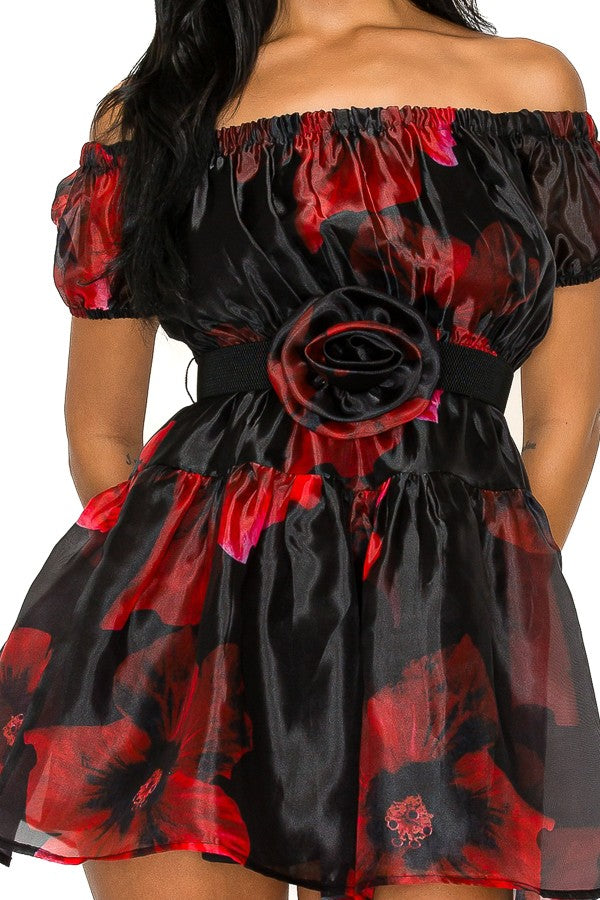 Black & Red Floral Organza Off Shoulder Belted Dress