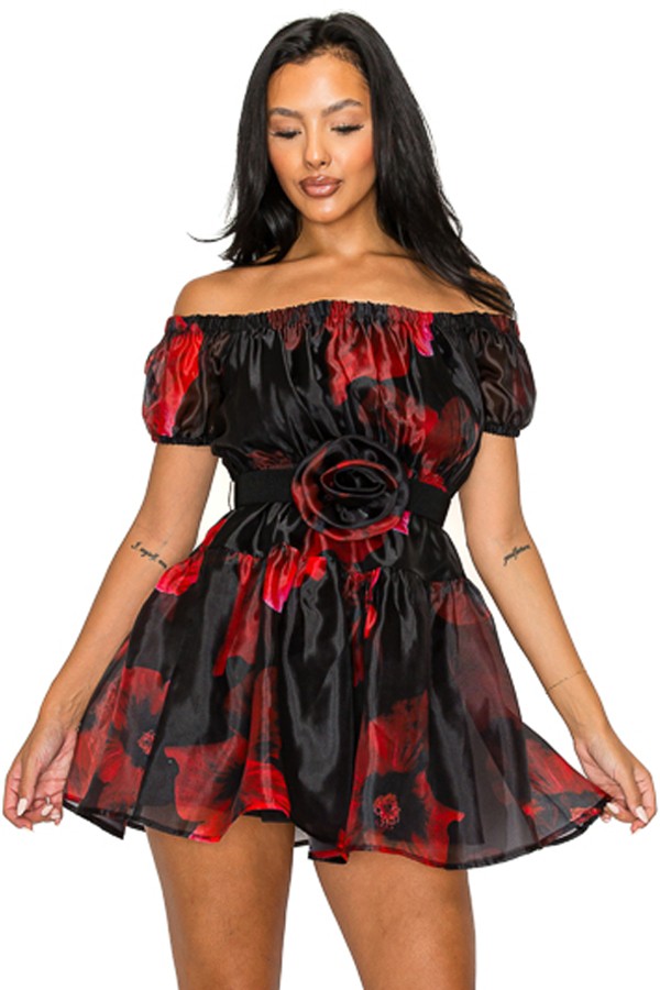 Black & Red Floral Organza Off Shoulder Belted Dress