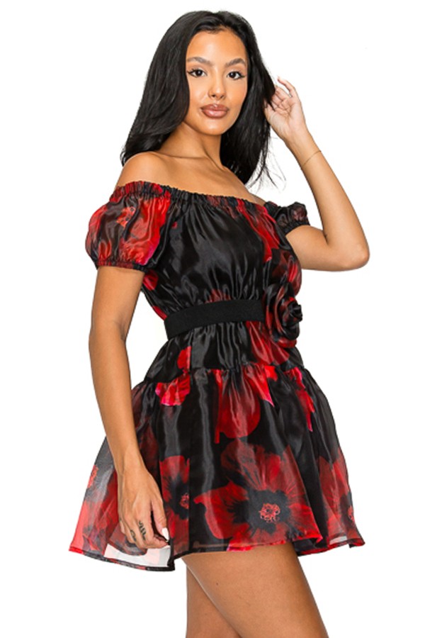 Black & Red Floral Organza Off Shoulder Belted Dress