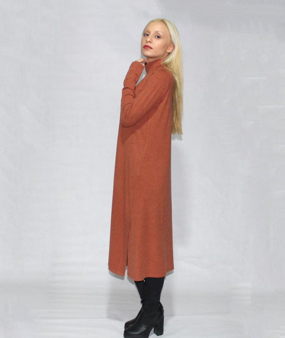 Turtle Neck Side Slit Dress- Tobacco