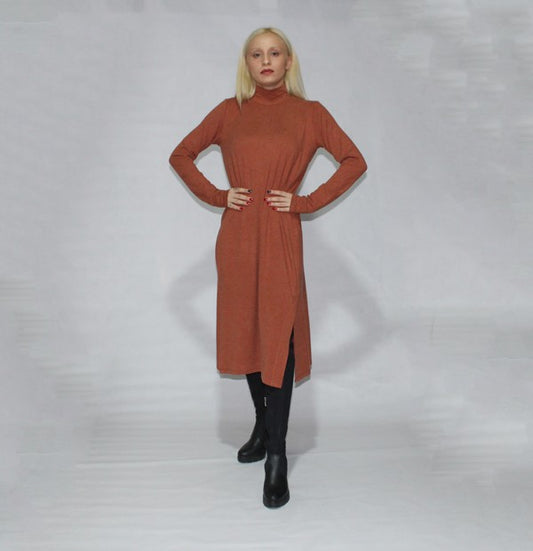 Turtle Neck Side Slit Dress- Tobacco