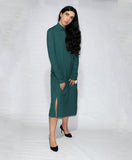 Turtle Neck Side Slits Dress- Green