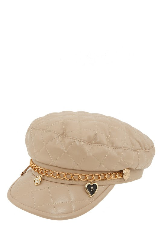 Leather Beret Cap with Chain and Number 5 Accent- 3 Colors