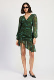 V NECK ASYMMETRICAL RUCHED MINI GREEN DRESS