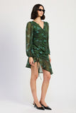 V NECK ASYMMETRICAL RUCHED MINI GREEN DRESS