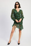 V NECK ASYMMETRICAL RUCHED MINI GREEN DRESS