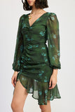 V NECK ASYMMETRICAL RUCHED MINI GREEN DRESS