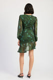 V NECK ASYMMETRICAL RUCHED MINI GREEN DRESS