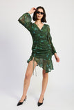 V NECK ASYMMETRICAL RUCHED MINI GREEN DRESS