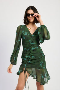 V NECK ASYMMETRICAL RUCHED MINI GREEN DRESS