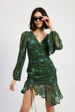 V NECK ASYMMETRICAL RUCHED MINI GREEN DRESS