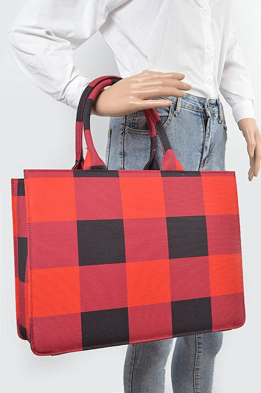 Buffalo Check Large Zipper Structure Tote- 2 Colors