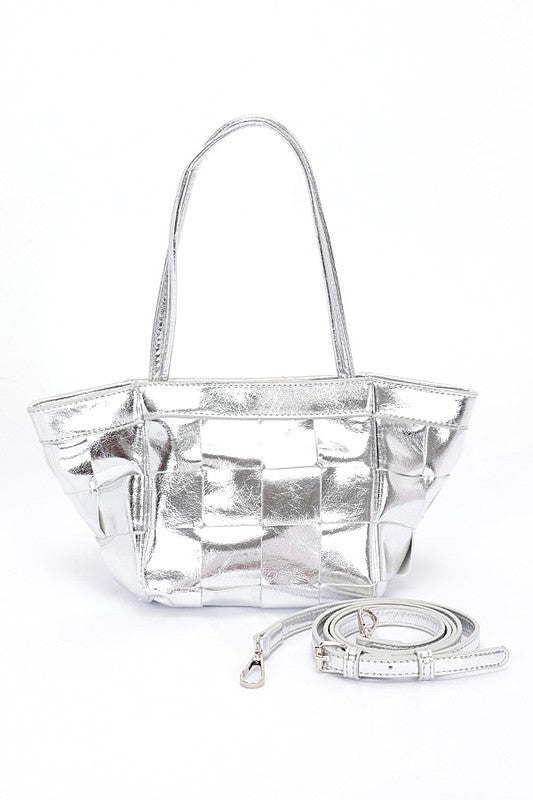 Metallic Faux Leather Weaved Small Tote Bag- 3 Colors