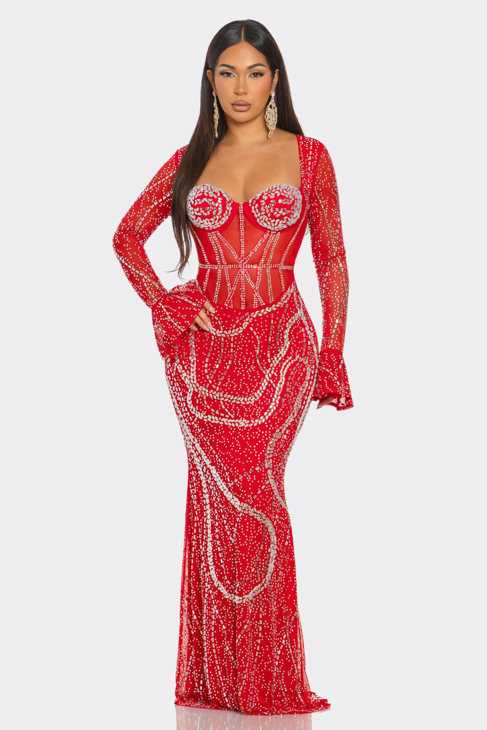 Rhinestone Form-fitting Silhouette Maxi Dress- Red
