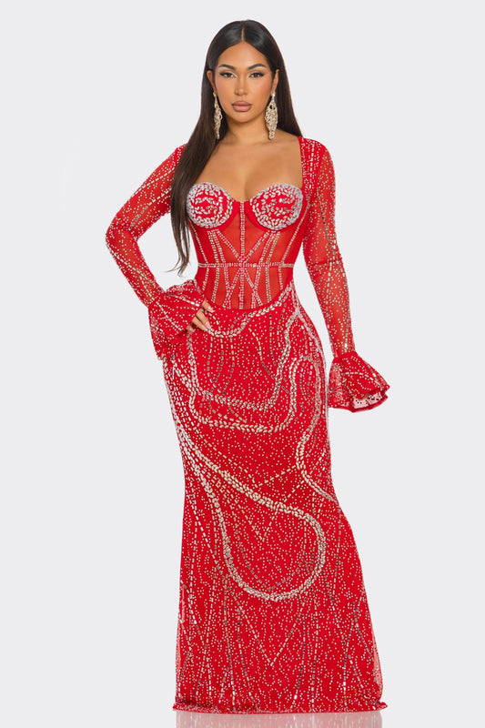 Rhinestone Form-fitting Silhouette Maxi Dress- Red