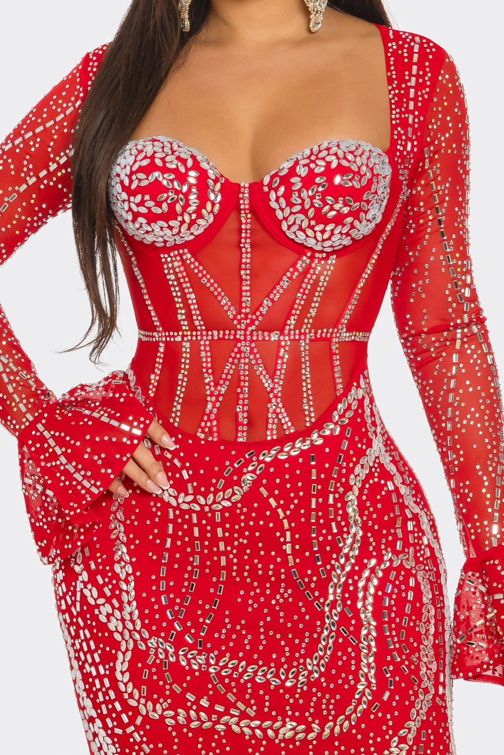 Rhinestone Form-fitting Silhouette Maxi Dress- Red