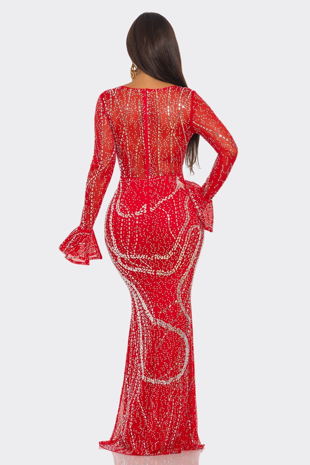 Rhinestone Form-fitting Silhouette Maxi Dress- Red
