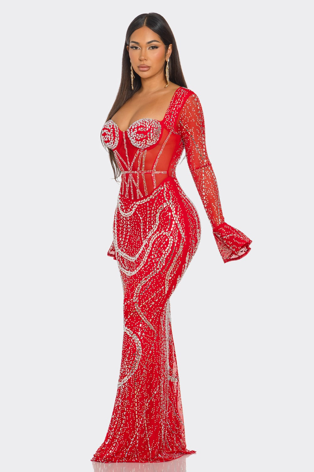 Rhinestone Form-fitting Silhouette Maxi Dress- Red