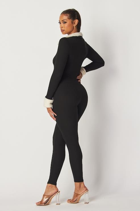 Black & White Contrast Faux Fur Ribbed Jumpsuit