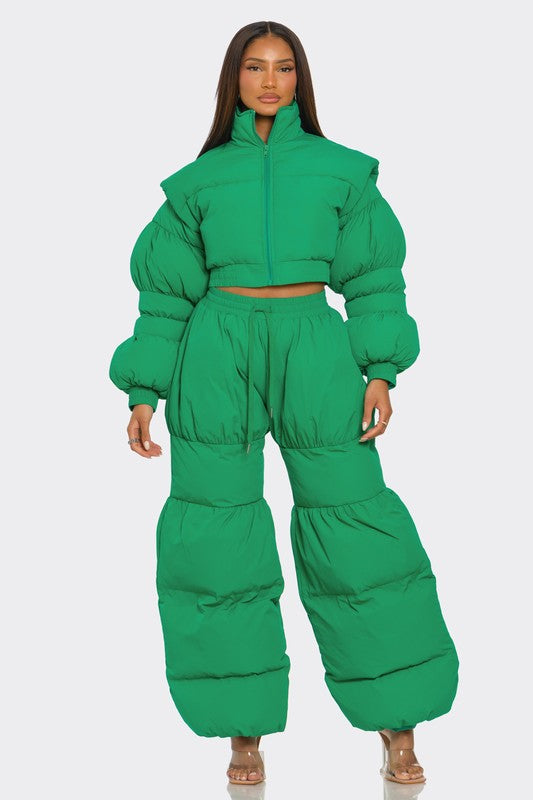 Green Puffy Pants Set